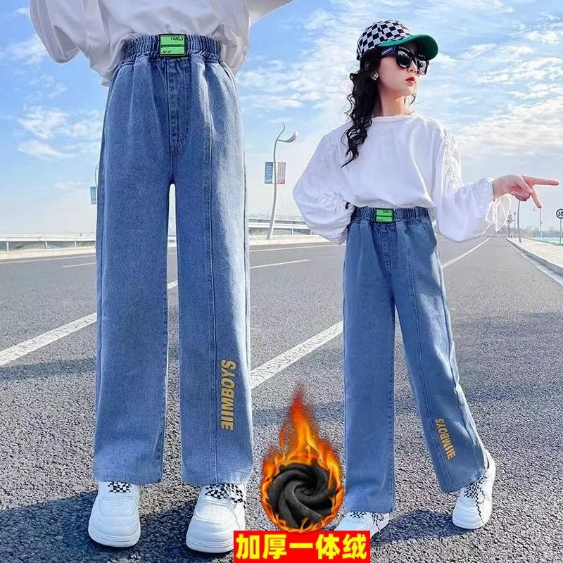 2024 Teenager Jeans for Girls Autumn Kids Casual Denim Wide Leg Pants Velvet Warm Winter Children's Fashion Straight Trousers - Image 5