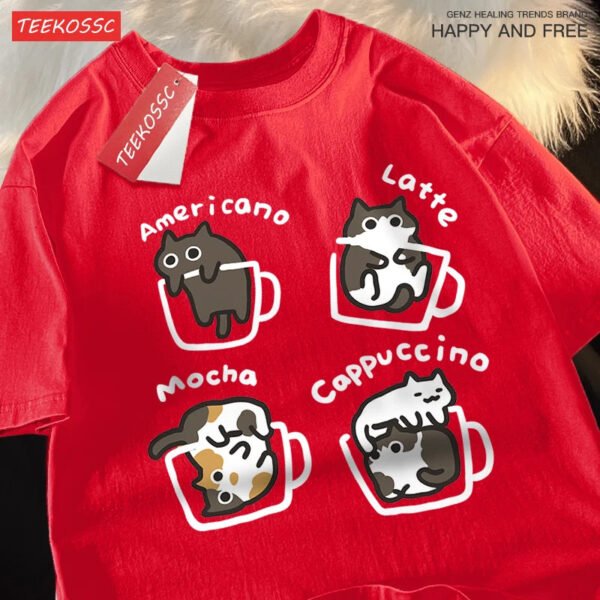 Cat Coffee Pure Cotton Trendy Summer Loose Short Sleeved T-shirt Men Women Original Mocha Latte Cat Three Flowers Fun Cat Tees - Image 4