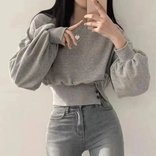 Autumn Women Solid O-Neck Slim Crop Top Lantern Sleeve With Button  Sweat Casual Hip-Hop Sporty Pullover Sweet Chic Street Wear - Image 2