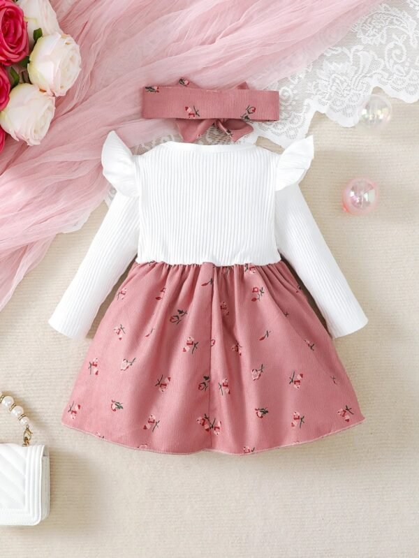 2pc/Set childrens' baby girl Dress Color blocking Broken flowers Big Bow Princess Dress+Headband 0-24 Months Baby Fashion Dress - Image 2