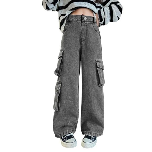 Teenage Girls Wide Leg Cargo Jeans 2024 Autumn Fashion Kids Casual Denim Pants School Young Children Straight Baggy Trousers 15Y - Image 5