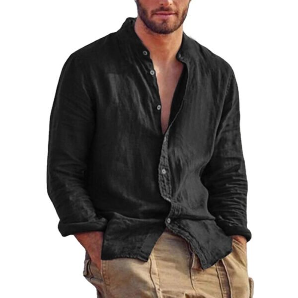 New Men's Solid Color Long Sleeve Shirt Linen Cotton Shirts Trend Plus-size Stand Collar Casual Lightweight Beach Tops - Image 6