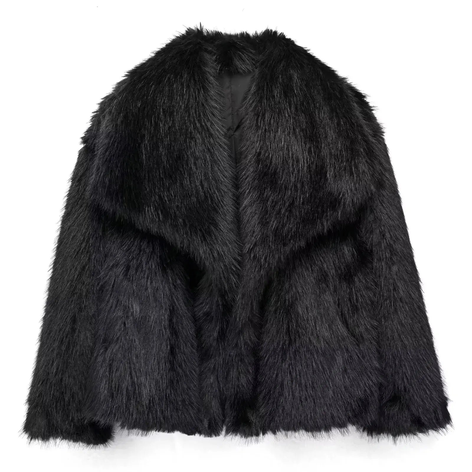 TRAFZA Women Fashion Faux Fur Jacket Vintage Turn-Down Collar Long Sleeve Coat Autumn Winter Woman Elegant Streetwear - Image 9