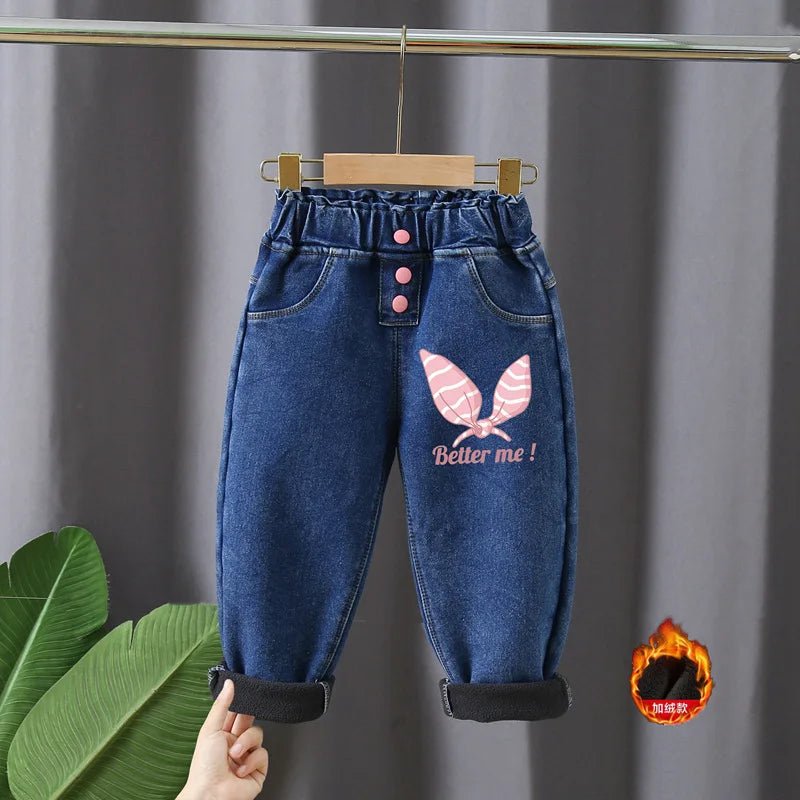 Korean version children's jeans winter girls with plush thick High waist elastic cartoon printed jeans babies warm pants1-6Y - Image 6
