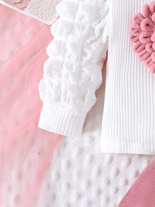2PCS Winter New Style For 0-3 Year Old Girls, Comfortable Sweet And Cute Bubble Sleeves, Love Chapter Top + Pink Short Skirt Set - Image 4