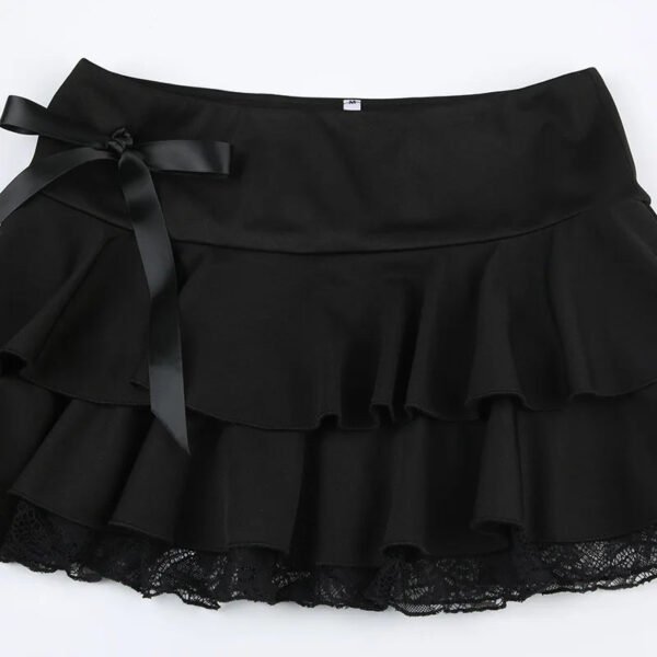 Goth Y2K Black Lace Trim Bow A Line Mini Skirt Women Korean Streetwear - Image 3