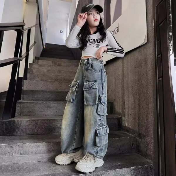Cargo Jeans for Girls 2024 Spring Loose Casual Elastic Waist Teenage Children Wide Leg Pants Design Streetwear Kids Trousers - Image 6