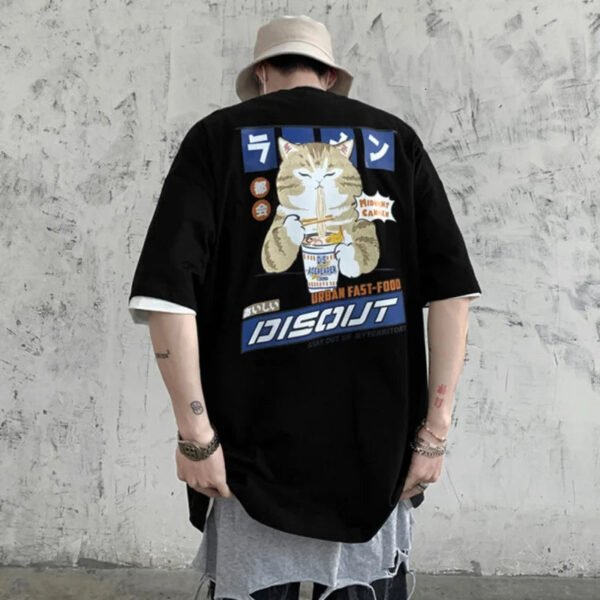 Harajuku Cat Cartoon Eating Noodles Graphic Men Women Tshirts Casual Short Sleeve Tees Japan Style Oversized T Shirt Clothing - Image 12
