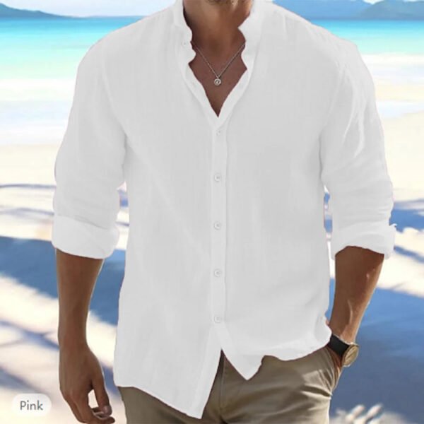 Cotton Linen Hot Sale Men's Long-Sleeved Shirts Summer Solid Color Stand-Up Collar Casual Beach Style Plus Size - Image 6