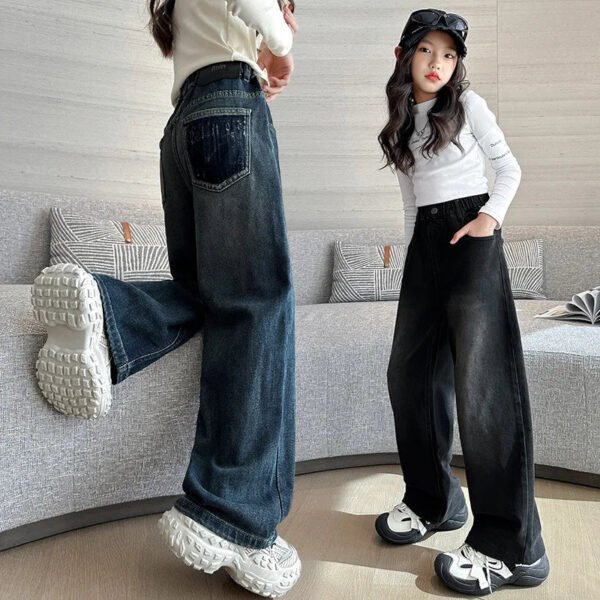 2024 New High Quality Girls Jeans Vintage Denim Wide Leg Pants Kids Clothing Children Casual Solid Trousers For Teenager Clothes - Image 3