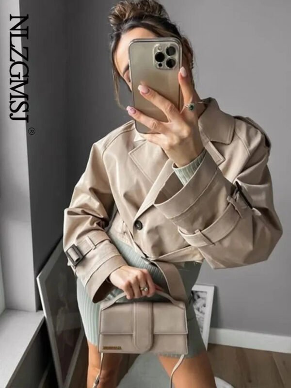 2024 Belt Cropped Trench Spring Jacket Women Vintage Streetwear Double Breasted Long Sleeve Top Female Coat Outfits - Image 2