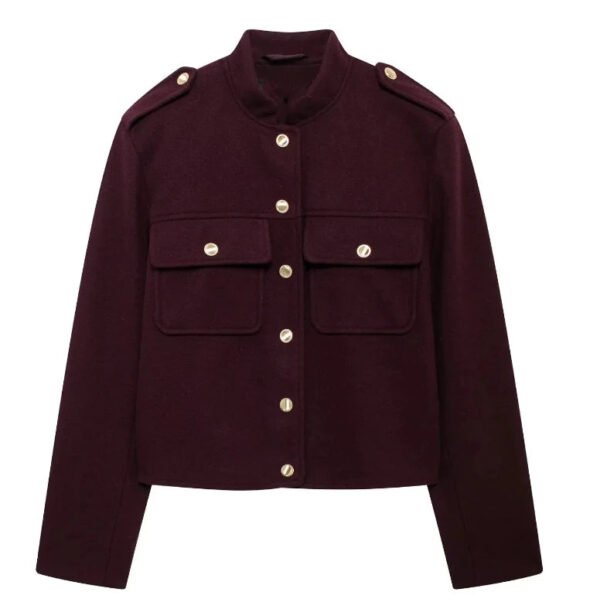 Elegant Wine Red Stand Collar Wool Blend Coat Female Fashion Single Breasted Pocket Short Jackets Lady Office Commute Streetwear - Image 7