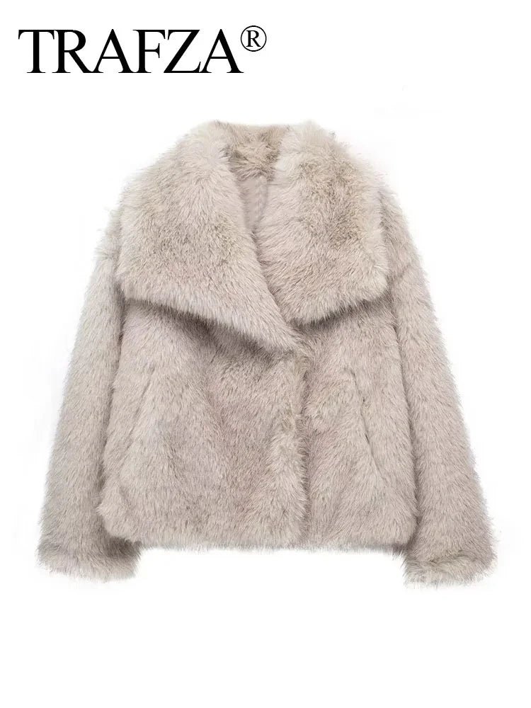 TRAFZA Women Fashion Faux Fur Jacket Vintage Turn-Down Collar Long Sleeve Coat Autumn Winter Woman Elegant Streetwear - Image 5