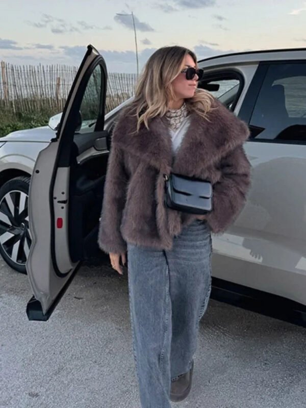 Brown Big Lapel Faux Fur Fury Women's Coats Fluffy Long Sleeved Thick Warm Fury Jackets 2024 Winter Lady Casual Street Outwear - Image 5