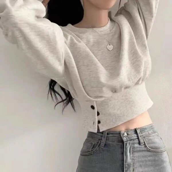 Autumn Women Solid O-Neck Slim Crop Top Lantern Sleeve With Button  Sweat Casual Hip-Hop Sporty Pullover Sweet Chic Street Wear - Image 4