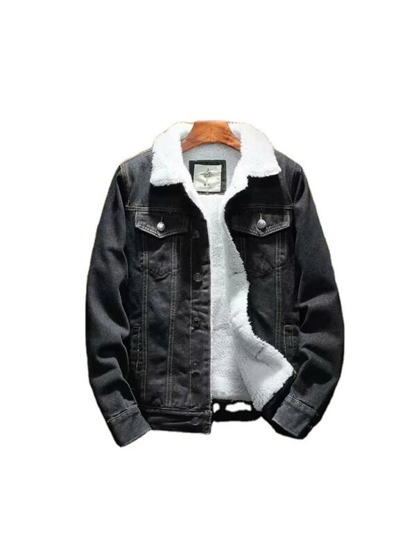 Plush Lining Denim Jacket Male Warm Fleece Stylish Pockets Buttons Jean Outerwear Winter Men Jean Jacket - Image 4