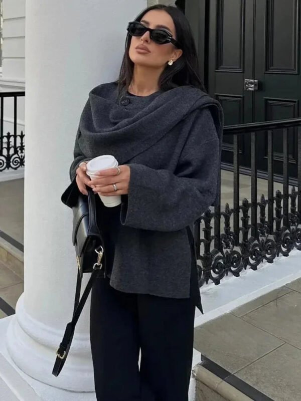ZBZA Women's Asymmetric Scarf Knitted Jacket O-neck Single Button Side Slit Solid Loose Coat Winter New Female Chic Outerwear - Image 5