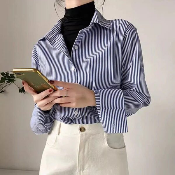 Classic Striped Woman Spring Autumn Blouses Shirt Lady Long Lantern Sleeve Stand Collar Loose Blusas Tops - Image 3