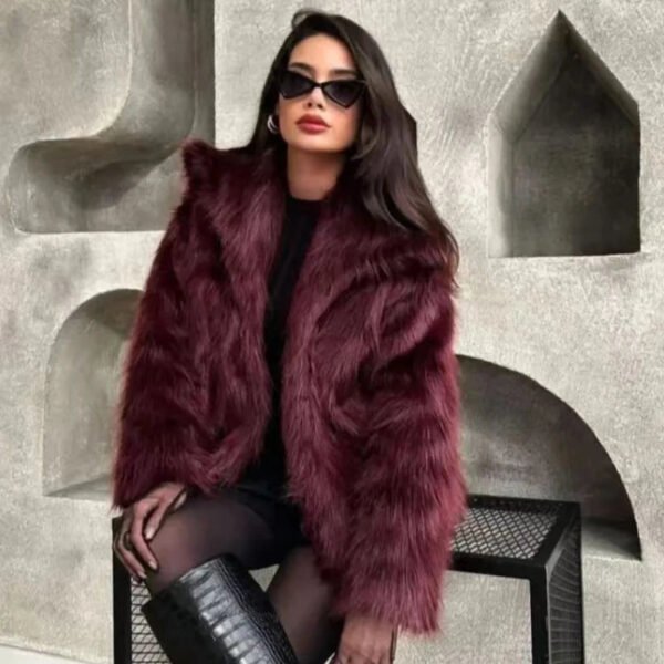 HXAO Women's Fur Coat Women 2024 Plush Burgundy Bomber Jacket Solid Crop Long Sleeve Jacket Warm Winter Coats Woman Casual Coats - Image 5