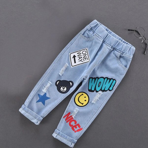 Spring Autumn Children Jeans  Boys Cotton Print Splice Stretch Denim Pants Korean Teenage Trousers Wear Kids ClothingDenimRipped - Image 5