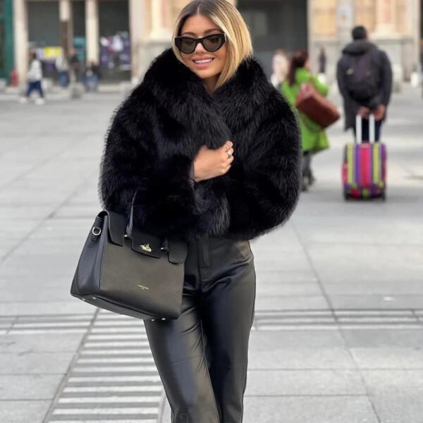 TRAF Black Faux Fur Coat for Women Autumn Winter Plush Wool Coats Black Wool & Blends Coats Outerwears Long Sleeve Warm Fur Coat - Image 5