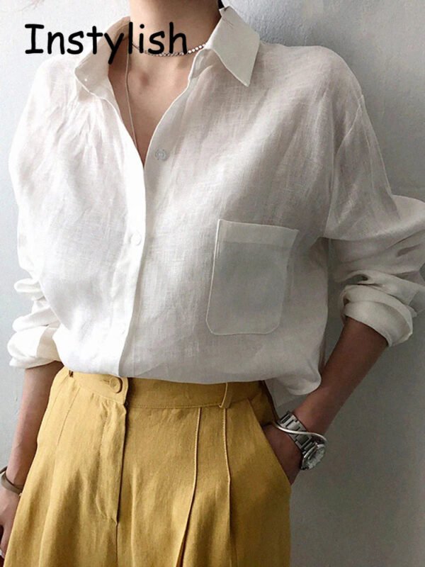 Leisure Long Sleeve Cotton Linen Loose Shirt Women Spring Summer Vintage Harjauku Streetwear Oversized Blouse Elegant Top Tunics - Image 3
