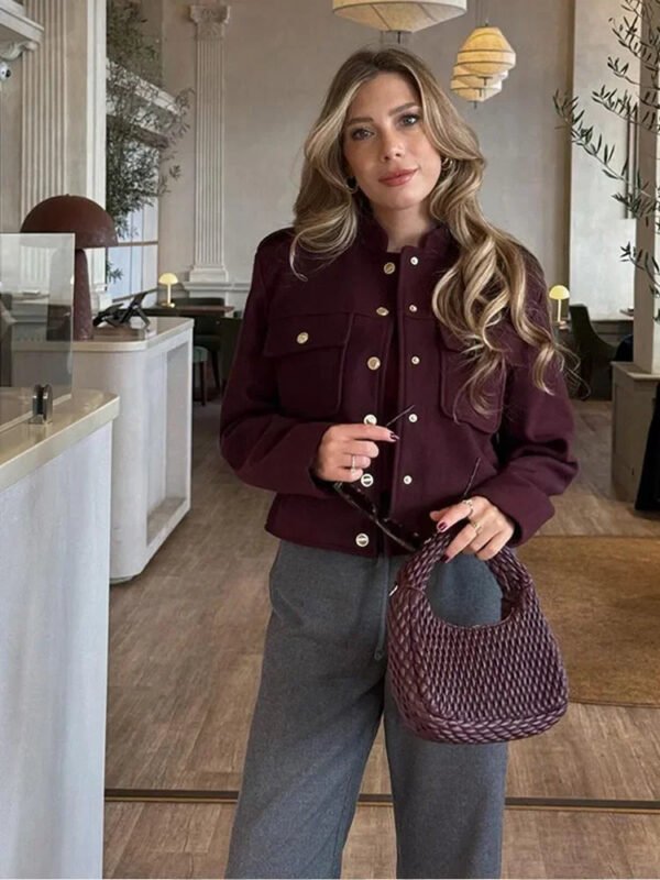 Elegant Women's Burgundy Cropped Jacket Female Stand Collar Single Breasted Full Sleeve Pocket Coat 2024 Autumn Lady Outwear New - Image 6