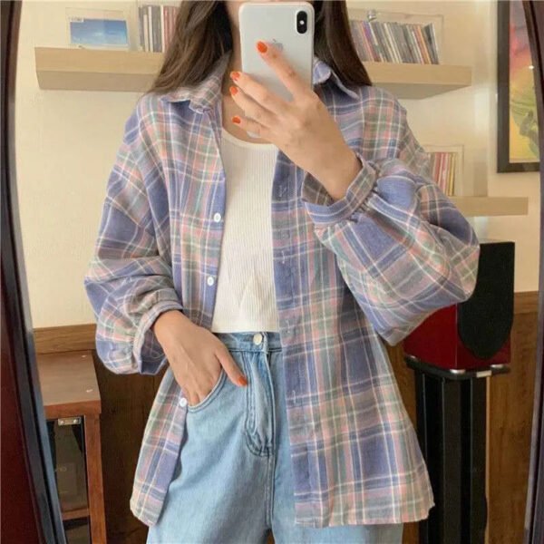 Plaid Shirt Women Autumn Long Sleeve Top Female Vintage Fashion Single Breasted Blouse Ladies Preppy Style Loose Check Shirts - Image 15