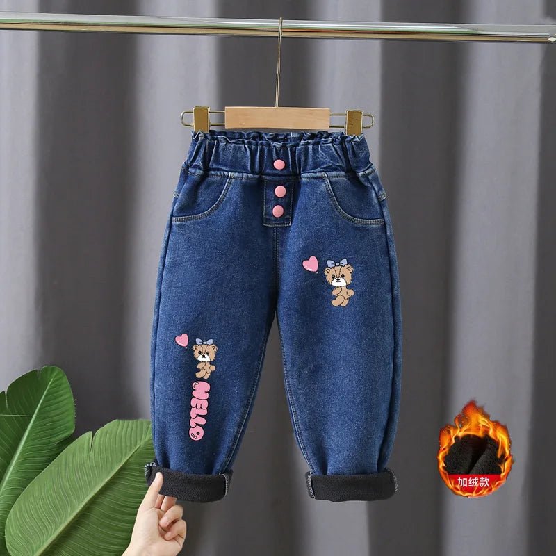 Korean version children's jeans winter girls with plush thick High waist elastic cartoon printed jeans babies warm pants1-6Y - Image 8