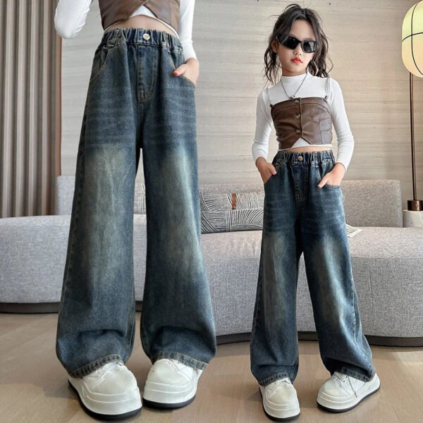 Girl Pocket Bow Embroidery Jeans New Teenage Children Wide Leg Denim Pants for Kids Loose Trousers Spring Autumn 4 -14 Years - Image 2