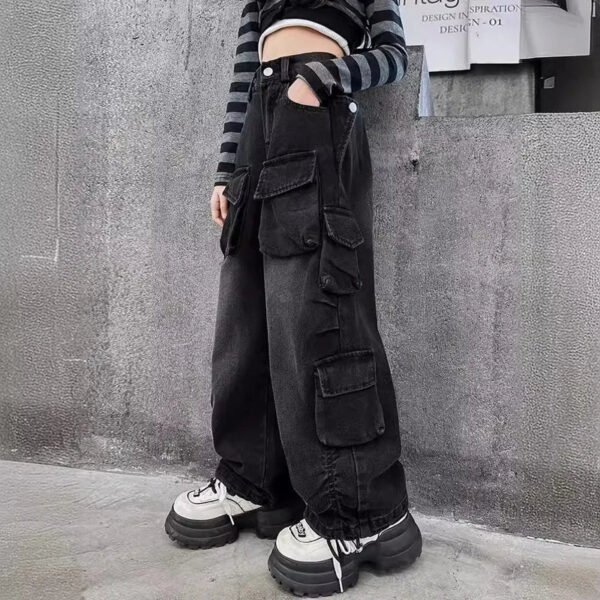 Cargo Jeans for Girls 2024 Spring Loose Casual Elastic Waist Teenage Children Wide Leg Pants Design Streetwear Kids Trousers - Image 5