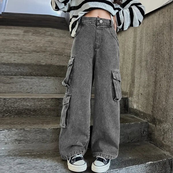 Teenage Girls Wide Leg Cargo Jeans 2024 Autumn Fashion Kids Casual Denim Pants School Young Children Straight Baggy Trousers 15Y - Image 7
