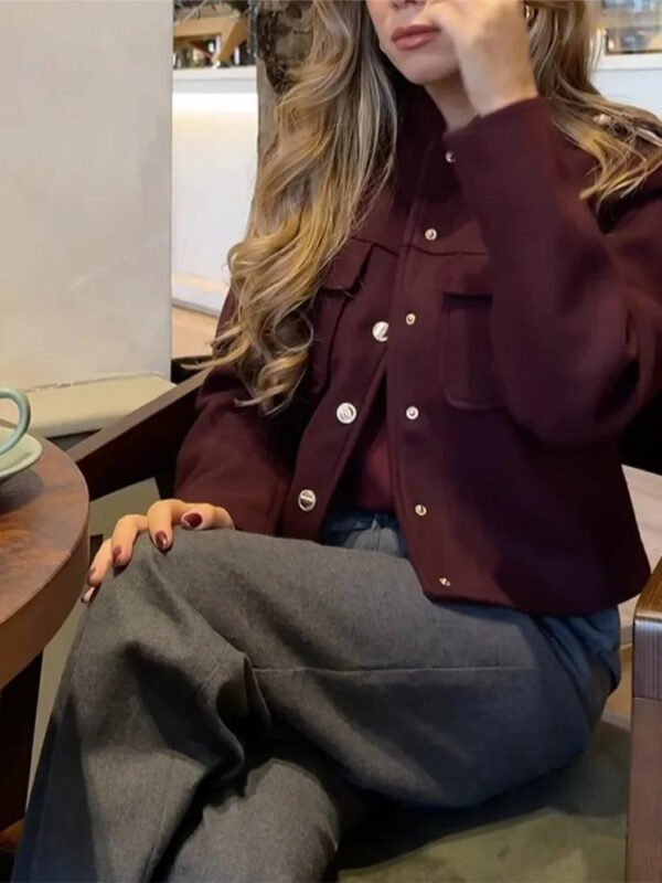 Elegant Women's Burgundy Cropped Jacket Female Stand Collar Single Breasted Full Sleeve Pocket Coat 2024 Autumn Lady Outwear New - Image 5