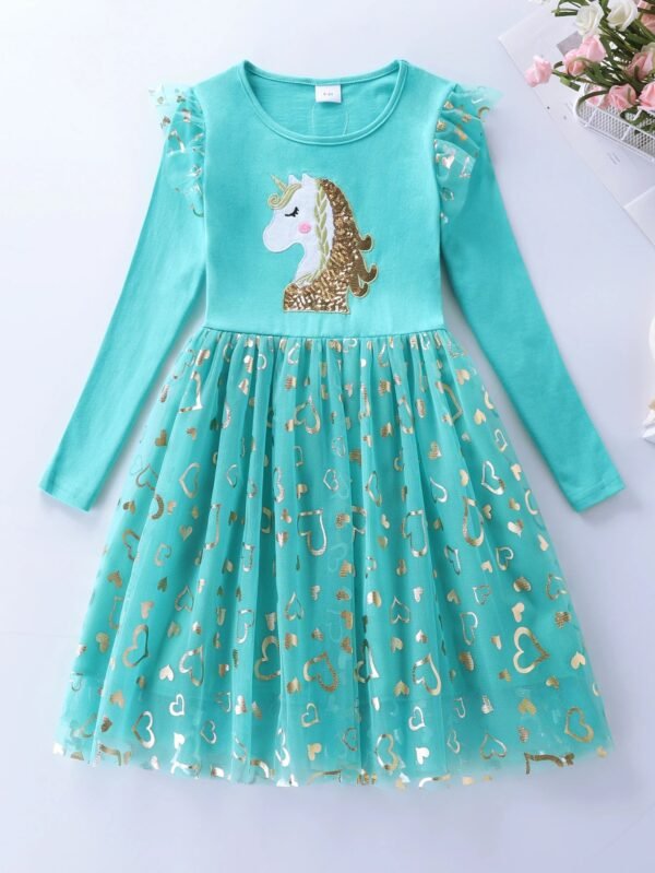 Girls' Autumn Long Sleeve Mesh Cartoon Unicorn Dress LH1696 - Image 7