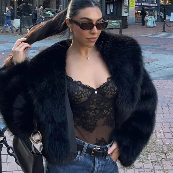 TRAF Black Faux Fur Coat for Women Autumn Winter Plush Wool Coats Black Wool & Blends Coats Outerwears Long Sleeve Warm Fur Coat - Image 2