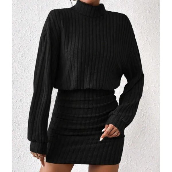 2024Women Autumn Winter Black High Neck Knitted Sweater Dress Female Casual Solid Slim Long Sleeve Warm Mid Length Black Dresses - Image 5