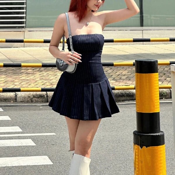 WhereMery Korean Women Fashion A-line Dress Y2K Sleeveless Slash-neck Pleated Stripe Dresses Spring Summer Elegant Slim Vestidos - Image 4