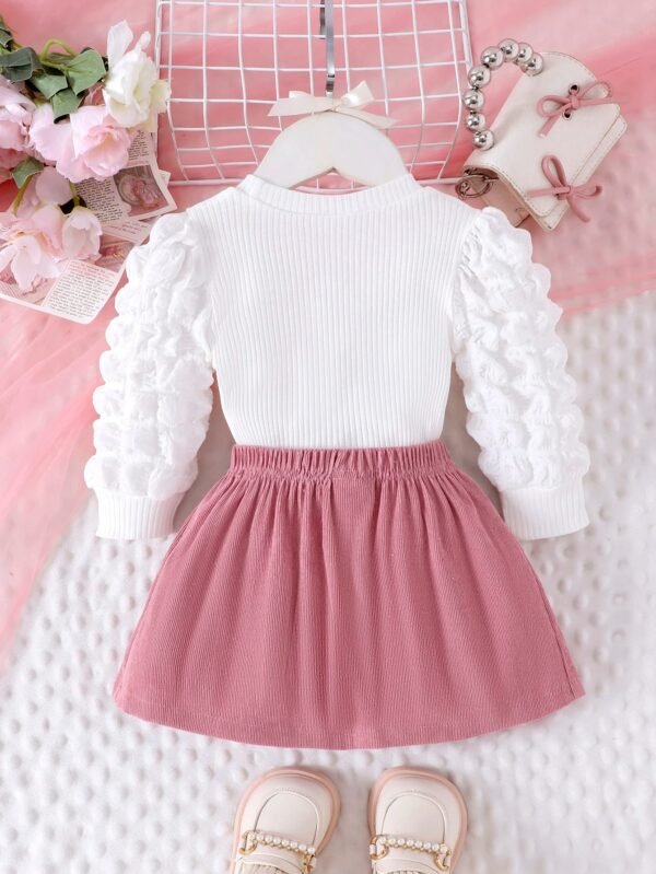 2PCS Winter New Style For 0-3 Year Old Girls, Comfortable Sweet And Cute Bubble Sleeves, Love Chapter Top + Pink Short Skirt Set - Image 2