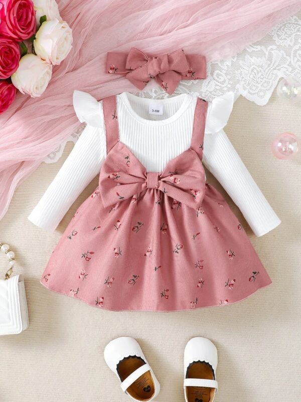 2pc/Set childrens' baby girl Dress Color blocking Broken flowers Big Bow Princess Dress+Headband 0-24 Months Baby Fashion Dress - Image 7