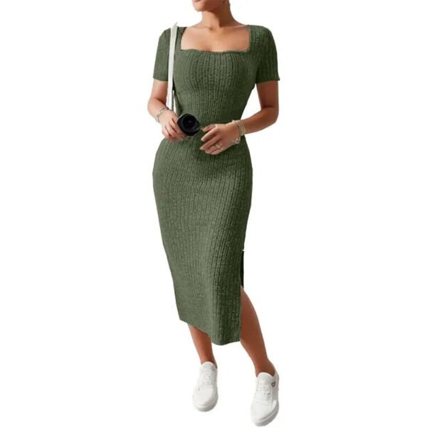 Summer Square Neck, Hip-Hugging Mid-Length Skirt, Short-Sleeved, Versatile Knitted Slit Dress - Image 2