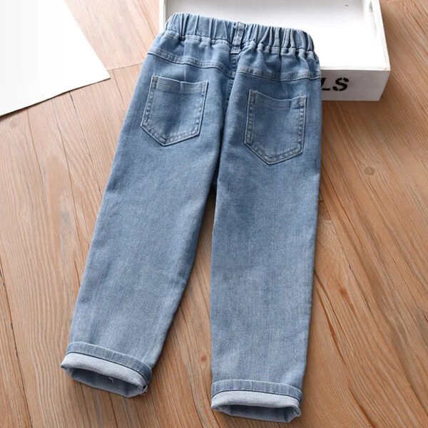 Girls Cartoon Embroidery Jeans 2023 Fashion Autumn New Baby Kids Casual Elastic Waist Pockets Denim Pant Cotton Children's Pants - Image 2