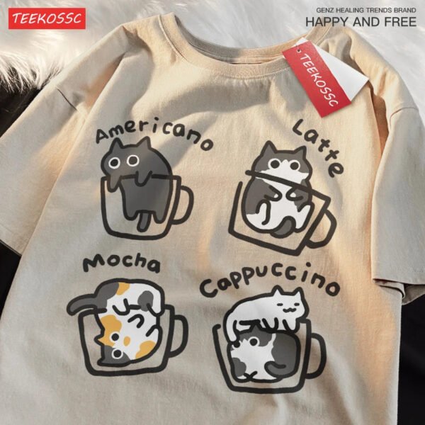 Cat Coffee Pure Cotton Trendy Summer Loose Short Sleeved T-shirt Men Women Original Mocha Latte Cat Three Flowers Fun Cat Tees - Image 11