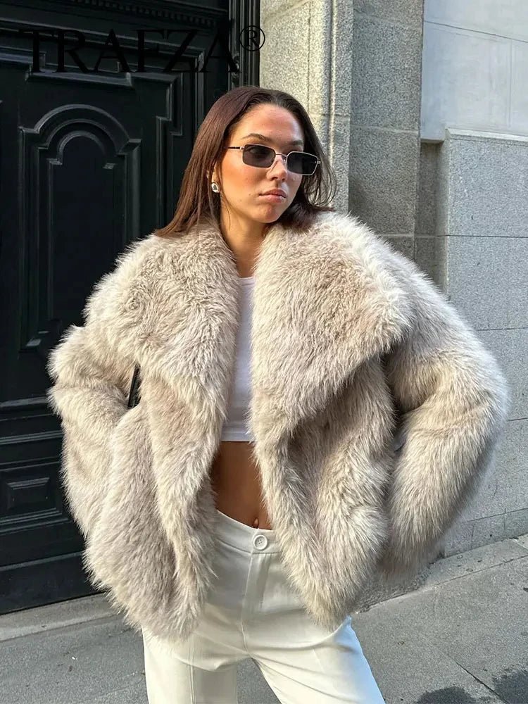 TRAFZA Women Fashion Faux Fur Jacket Vintage Turn-Down Collar Long Sleeve Coat Autumn Winter Woman Elegant Streetwear - Image 3