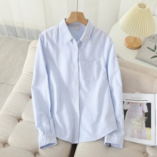 Casual Cotton Women's Oxford Shirt 2024 Autumn New Good Quality Woman Blouse and Tops Lady White Blue Striped Shirts Clothes - Image 5