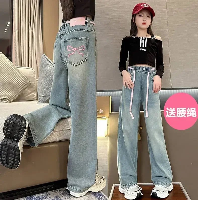 Korean Style Children Embroidery Jeans for Girls Denim Pants for Girls Spring High Waist Straight Trousers for Kids Teenagers - Image 5