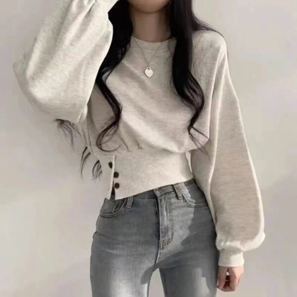 Autumn Women Solid O-Neck Slim Crop Top Lantern Sleeve With Button  Sweat Casual Hip-Hop Sporty Pullover Sweet Chic Street Wear - Image 6