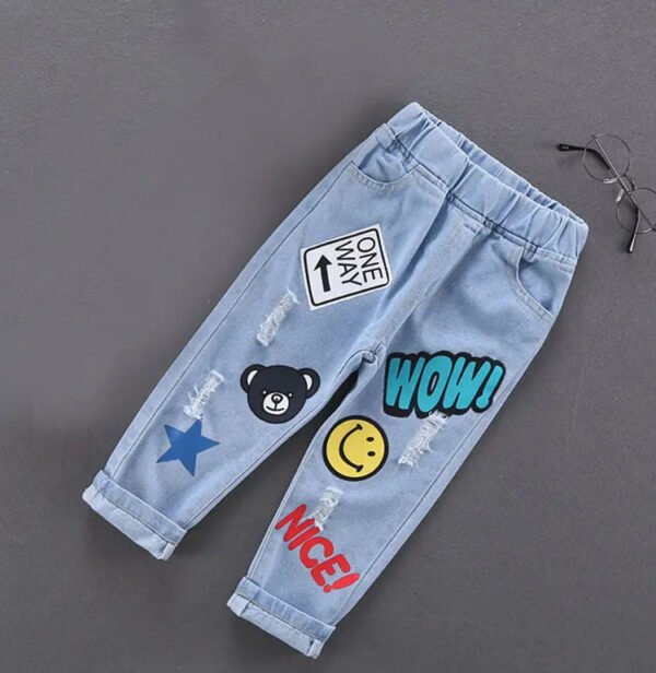 Spring Autumn Children Jeans  Boys Cotton Print Splice Stretch Denim Pants Korean Teenage Trousers Wear Kids ClothingDenimRipped - Image 6
