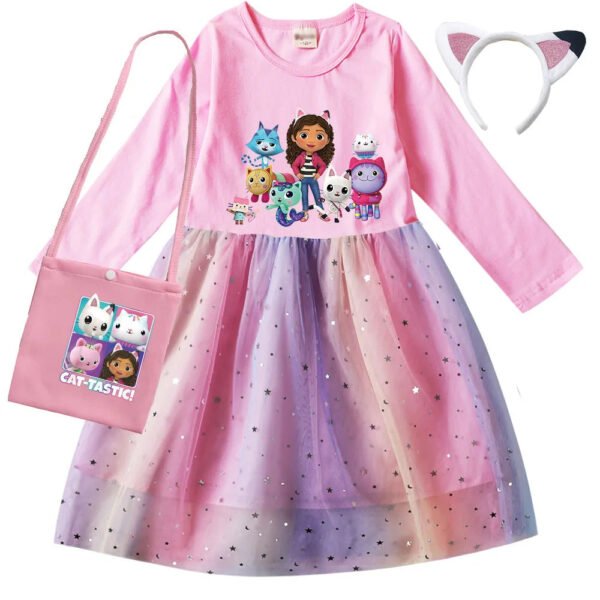 Autumn Girls Cartoon Gabbys Cats Dresses Kids Gabby's Dollhouse Clothes Cosplay Costume Children Casual Girl Dress Bag Headband - Image 4