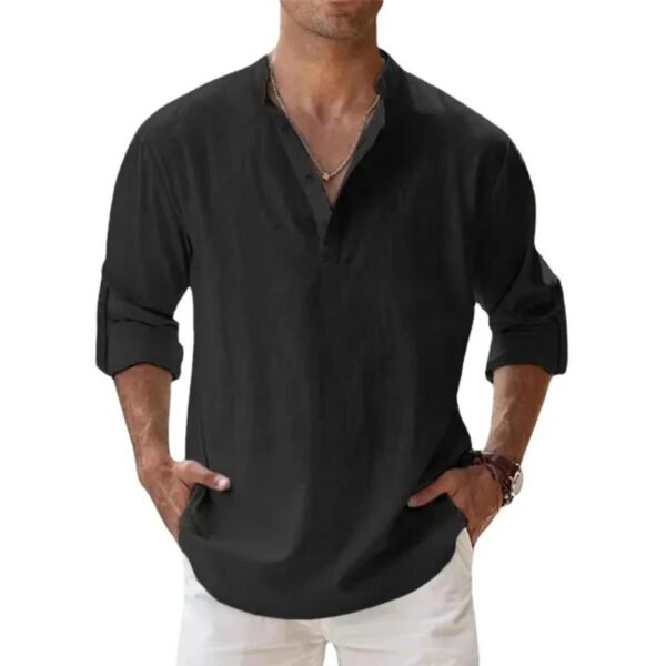 Streetwear Men Lightweight Shirts Long Sleeve Henley Cotton Linen Shirts for Men Beach Hawaiian Shirts Breathable Collar Tshirts - Image 9