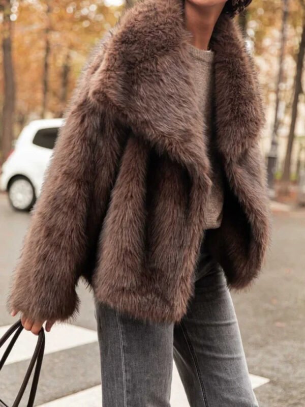 Brown Big Lapel Faux Fur Fury Women's Coats Fluffy Long Sleeved Thick Warm Fury Jackets 2024 Winter Lady Casual Street Outwear - Image 2
